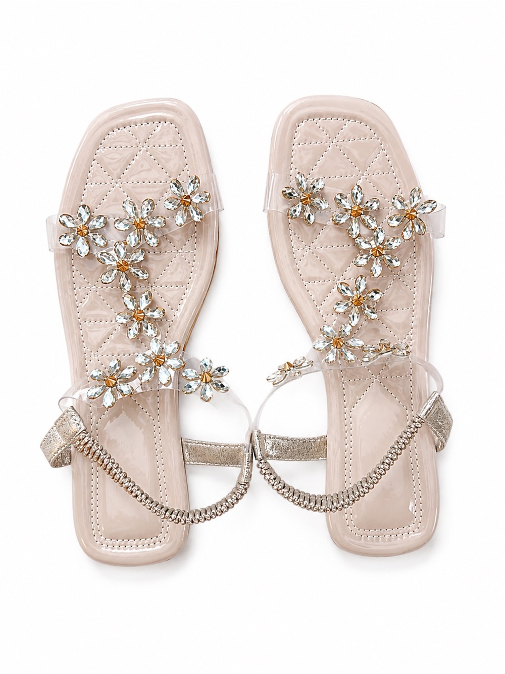 SHEIN Nude Clear Floral Crystal Chain Strap Sandals